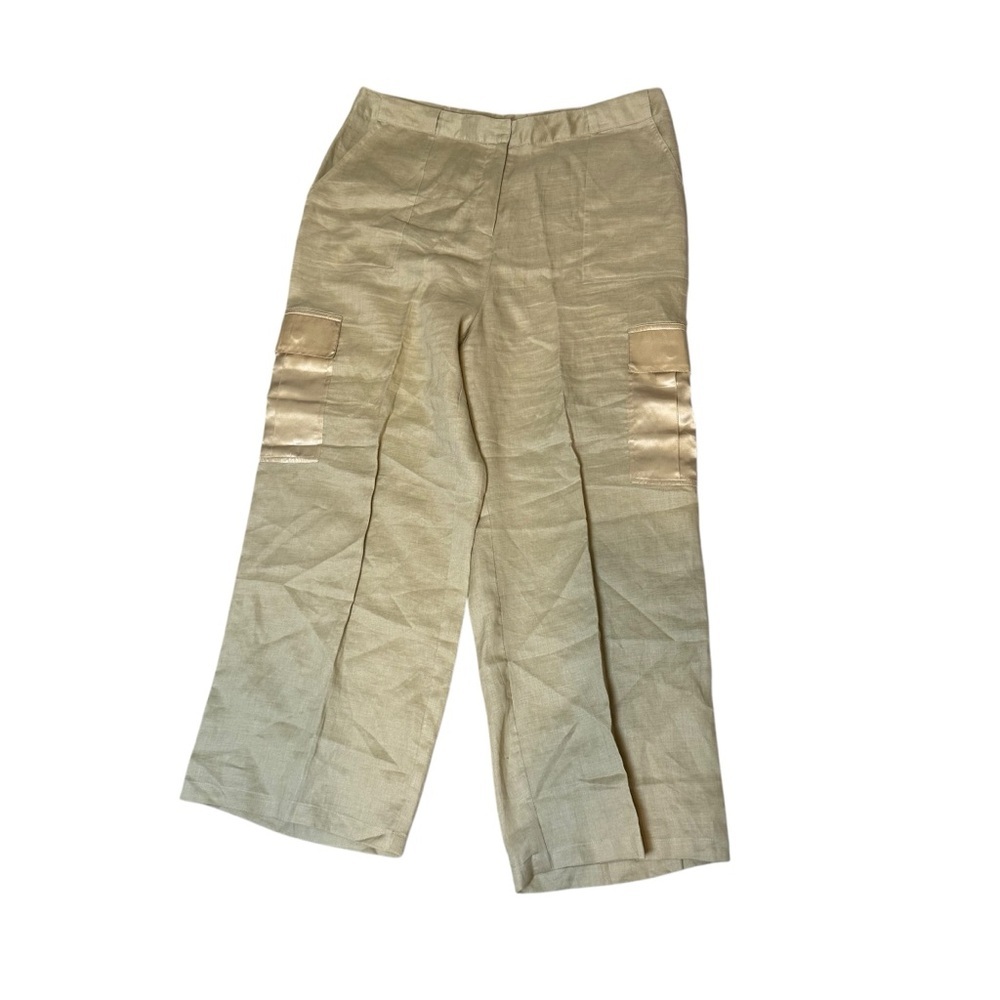 Allison Taylor Womens Tan Linen Silk Cargo Cropped Pants Size 12 Nature Earthy‎